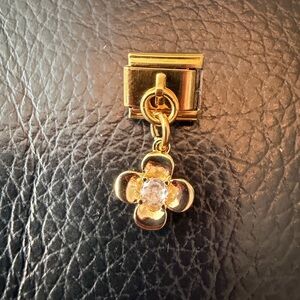 Gold Crystal Flower Dangle Italian Charm Link – Stainless Steel Bracelet Charm